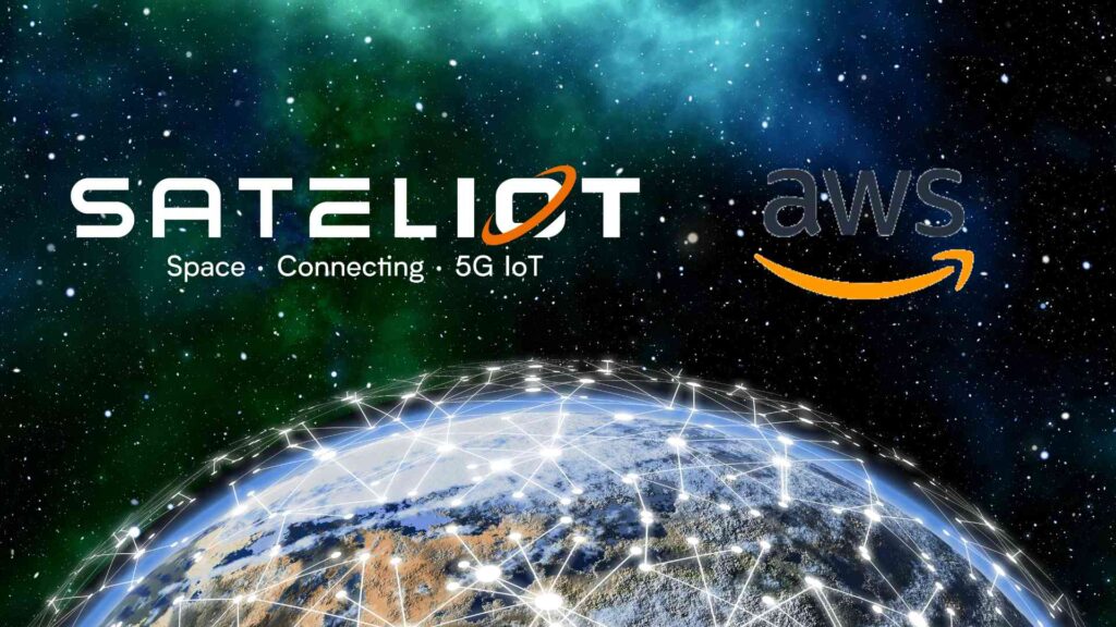 Sateliot and AWS logos over a digital Earth with connected nodes, representing collaboration in advancing 5G IoT connectivity through satellite technology.