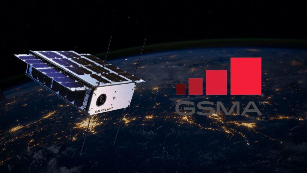 Sateliot satellite in orbit above a lit Earth, alongside the GSMA logo, symbolizing advancements in IoT connectivity through satellite-enabled networks.