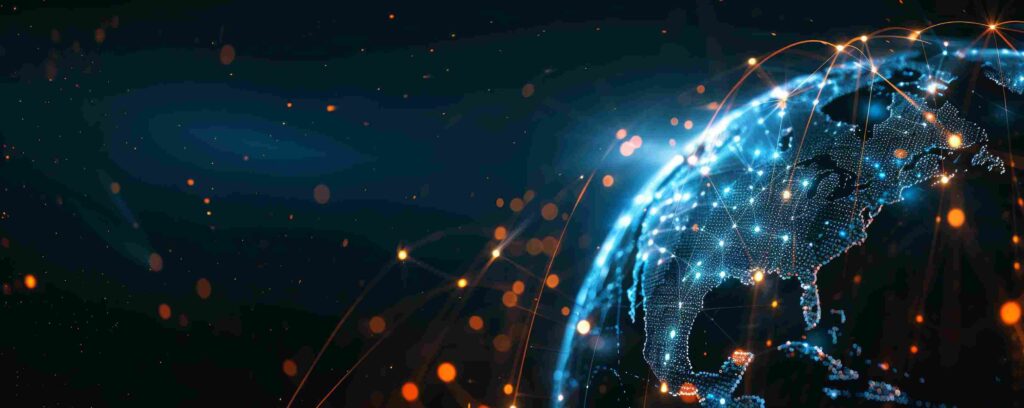 Digital representation of Earth with glowing data points and connections, emphasizing global IoT connectivity for seamless communication networks.