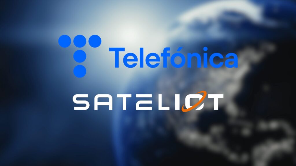 The Sateliot and Telefónica logos displayed together, representing their partnership to advance global IoT connectivity. IoT connectivity bridges satellite and terrestrial networks, ensuring seamless communication across diverse regions.