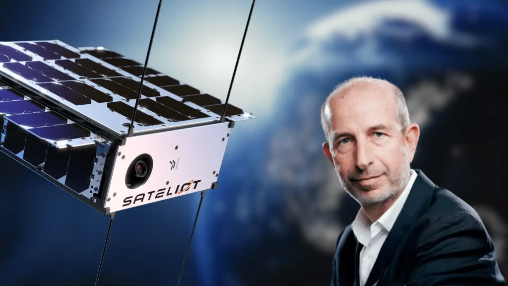 A globe in the background with a Sateliot nanosatellite orbiting above, accompanied by a transparent PNG image of Jaume Sanpera. IoT connectivity highlights Sateliot's vision of seamless global communication through satellite technology.