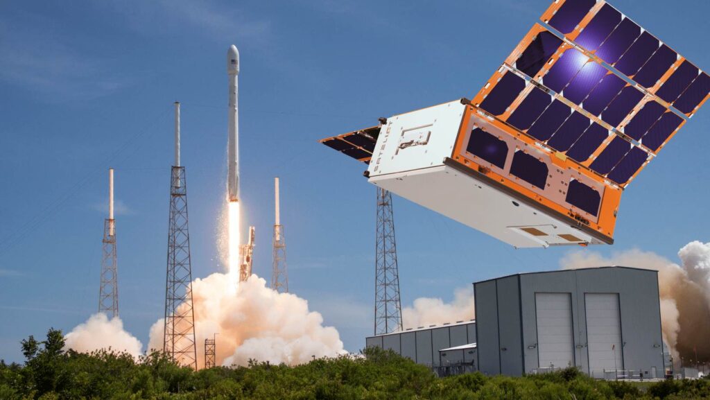 A Sateliot nanosatellite positioned against the backdrop of a rocket launch, symbolizing the deployment of cutting-edge satellite technology. IoT connectivity ensures seamless communication, enabling global device integration from space.