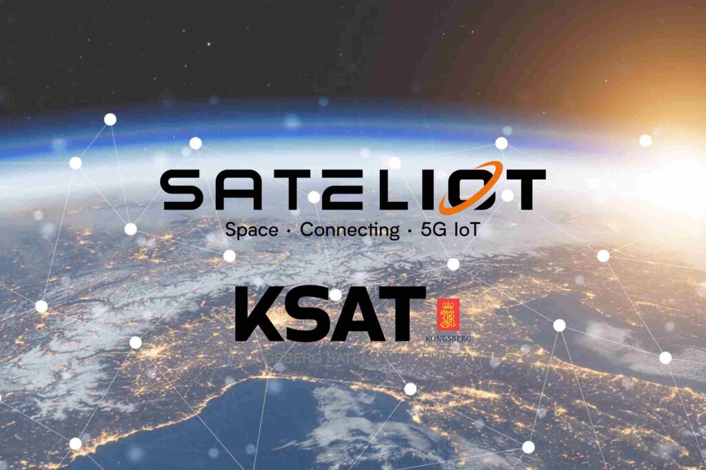 A globe in the background with the Sateliot and KSAT logos prominently displayed in the foreground. IoT connectivity underscores their partnership in advancing satellite communication solutions for global coverage.