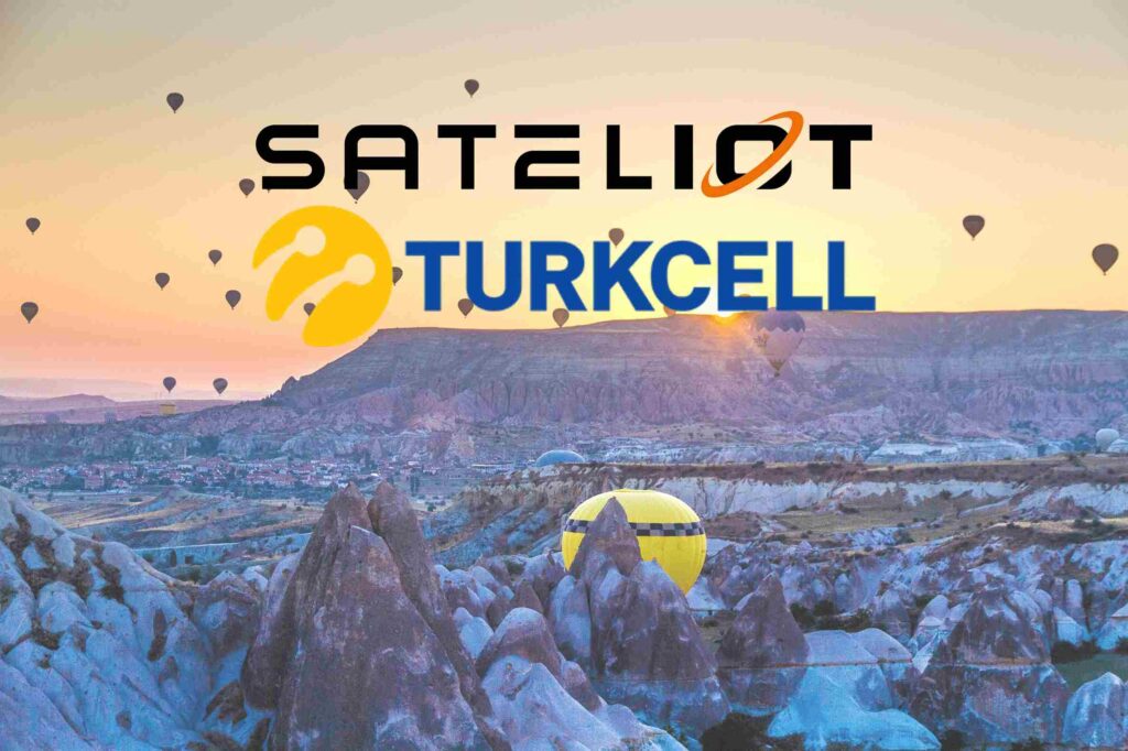 A mountainous landscape serves as the backdrop, with the Sateliot and Turkcell logos prominently displayed in the foreground. IoT connectivity highlights their collaboration to bring seamless communication solutions to remote and rugged terrains.
