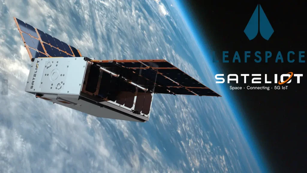 A Sateliot nanosatellite orbiting Earth, with the logos of Sateliot and Leaf Space visible. IoT connectivity ensures seamless communication, enabling innovative satellite-based solutions for global connectivity.