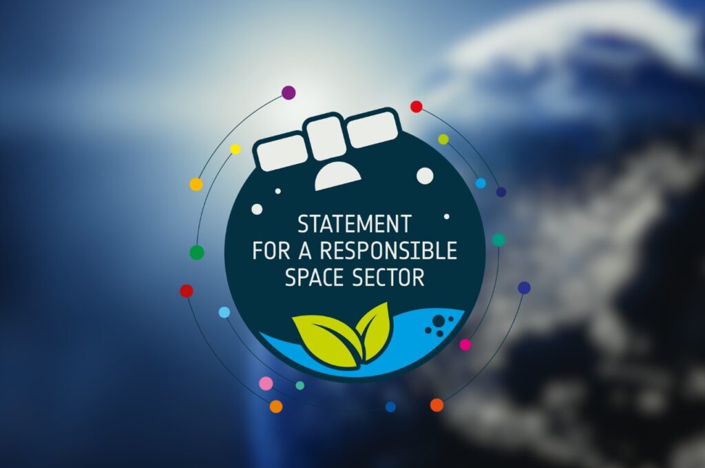 A logo featuring a globe in the background, symbolizing a commitment to a responsible space sector. The design emphasizes global unity and sustainable practices, with IoT connectivity playing a key role in advancing space technologies for the benefit of Earth and its environment.