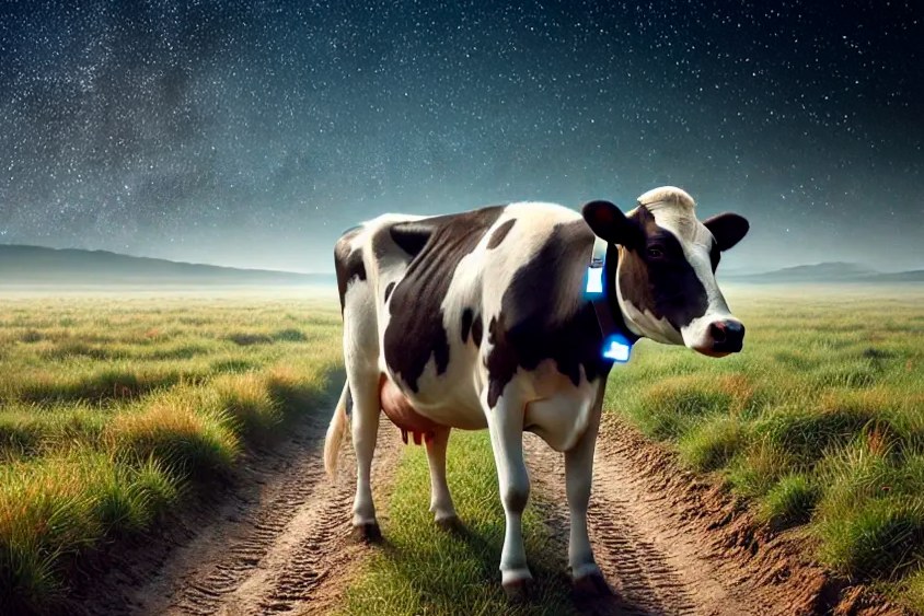 A cow fitted with an IoT tracking device, linked to Sateliot’s nanosatellite network for continuous monitoring. IoT connectivity enables real-time health and location tracking, enhancing livestock management in remote areas.