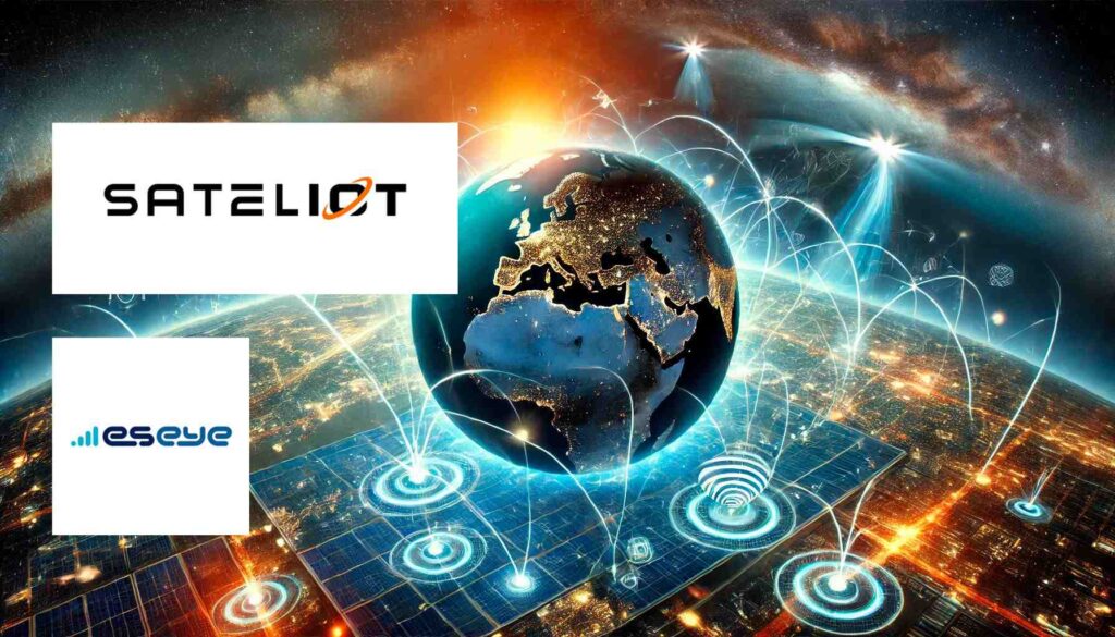 A futuristic depiction of global IoT connectivity with Earth surrounded by glowing network lines seamlessly connecting cities and IoT devices, symbolizing innovation in satellite-terrestrial integration.